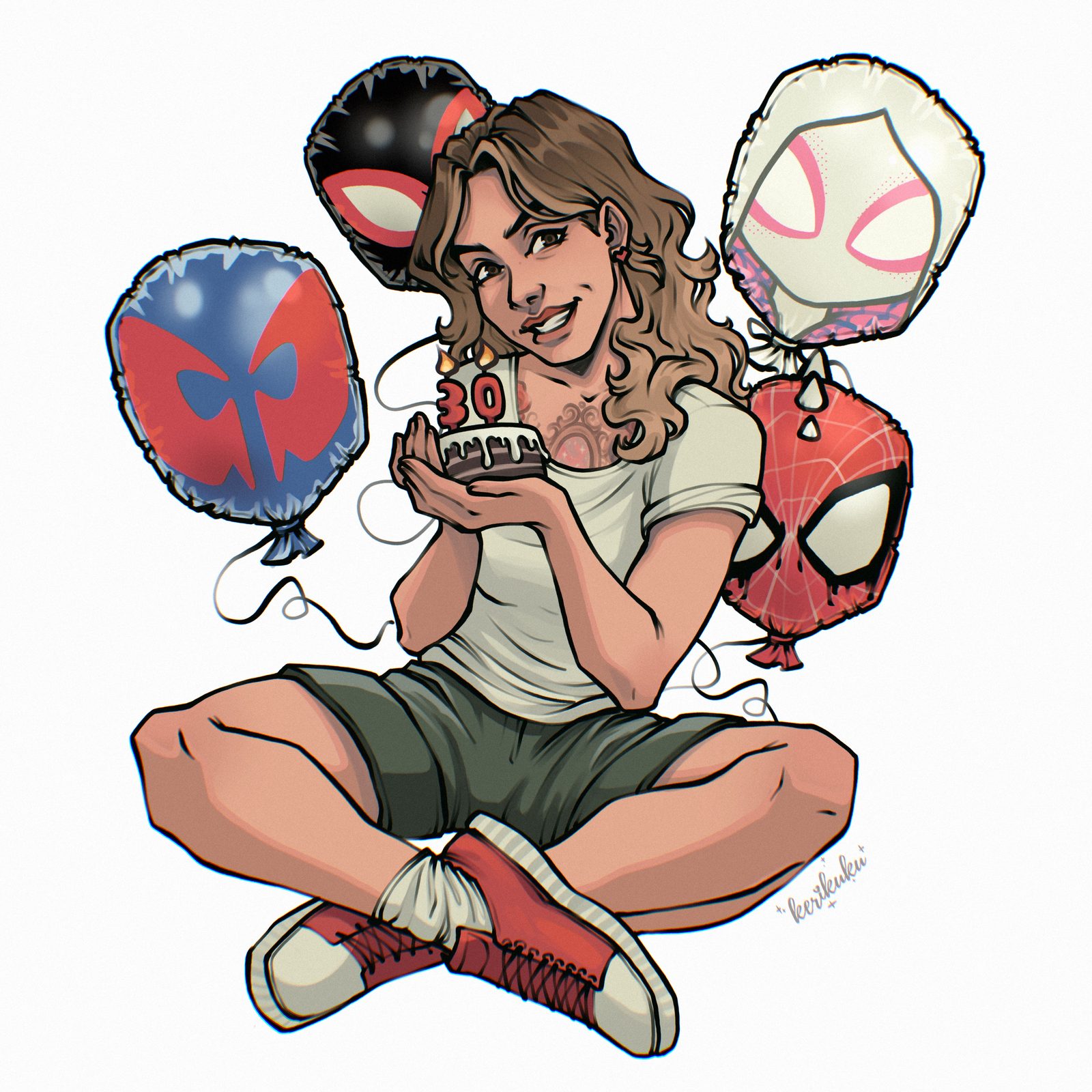 Karina's self-portrait: girl with a birthday cake surrounded by Spider-Man balloons